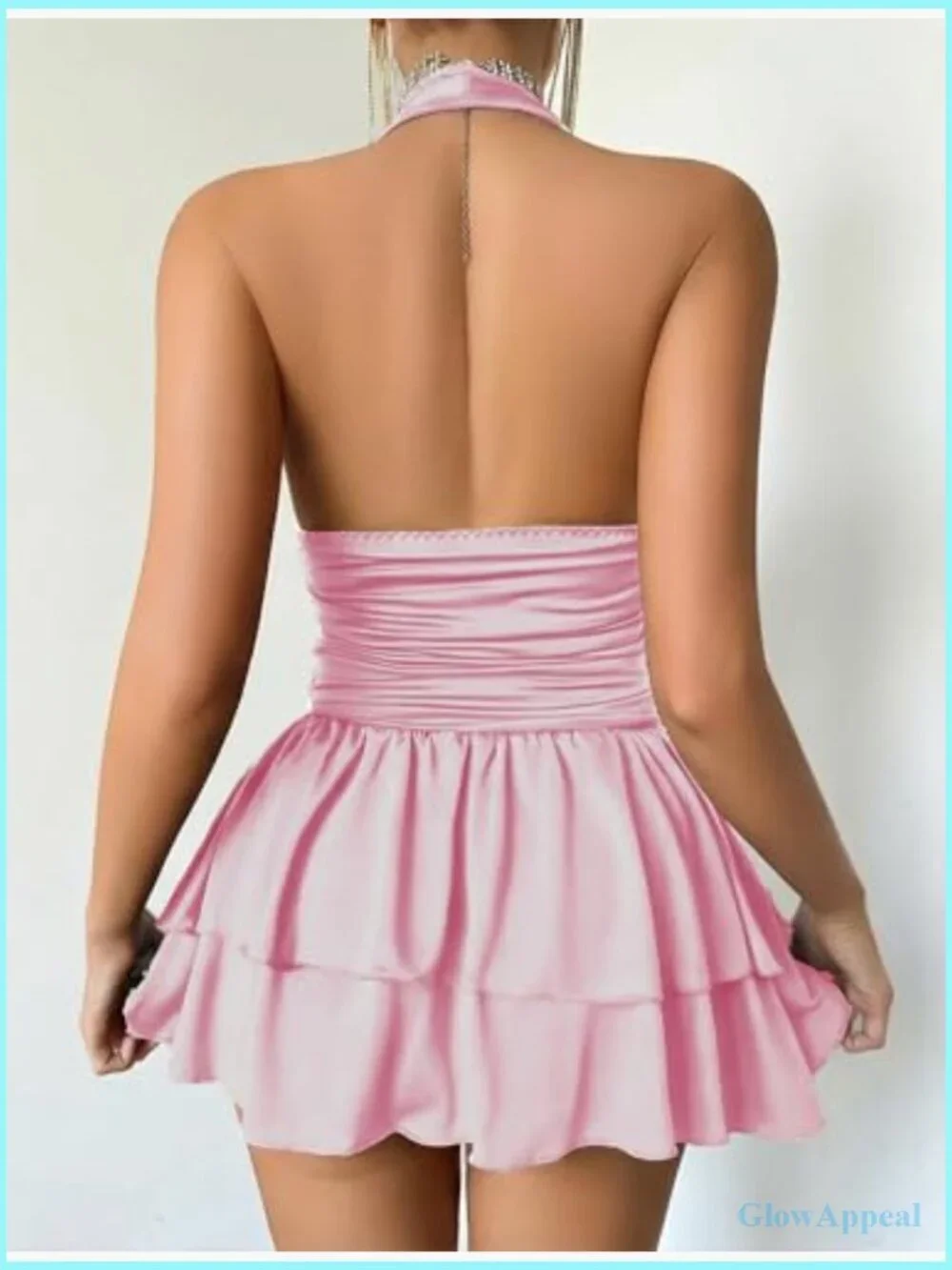 V Neck Ruffle Hem Mini Dress Ruched Waist Halter Backless Party